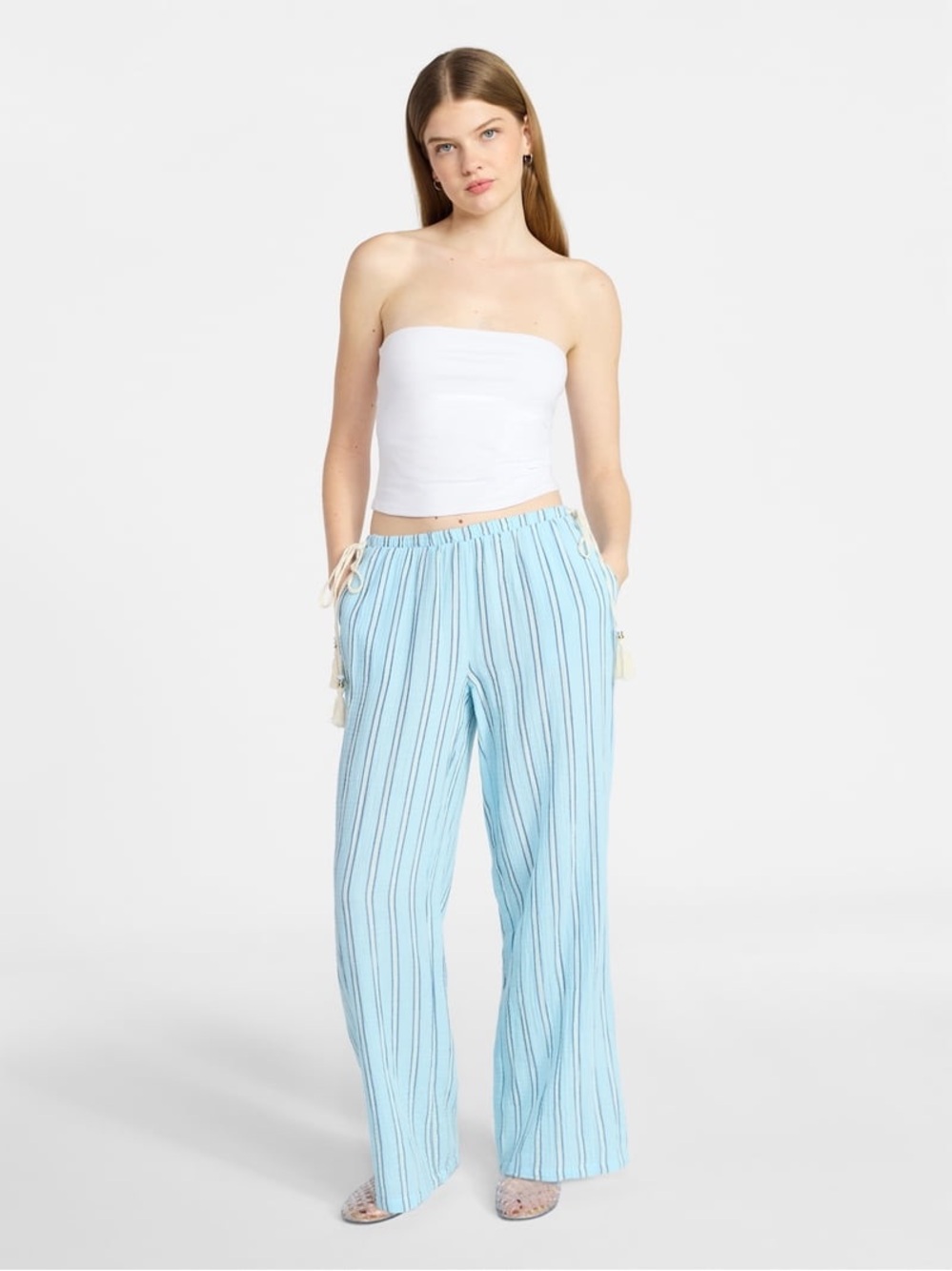 No Boundaries Light Blue Striped Wide-Leg Drawstring Pants NWT
